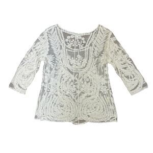 Saint Tropez West White Boho Embroidered Sheer Lace Tunic L